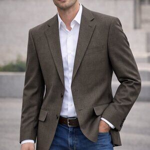 Geoffrey Beene 40R Brown Windowpane Plaid 100% Wool Blazer Classic Tailored